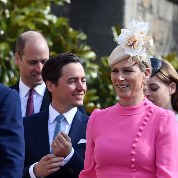 Zara Tindall, sa fille Lena, La princesse Beatrice d'York et son mari Edoardo Mapelli Mozzi, le prince George - La famille royale du Royaume Uni arrive pour assister à la messe de Pâques à la chapelle Saint Georges au château de Windsor, le 9 avril 2023. 