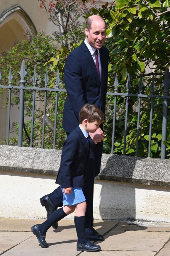 Le prince William, prince de Galles, Le prince Louis de Galles - La famille royale du Royaume Uni arrive pour assister à la messe de Pâques à la chapelle Saint Georges au château de Windsor, le 9 avril 2023. 