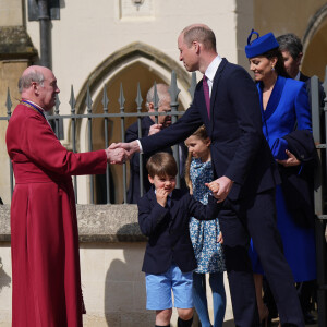 Le prince Andrew, duc d'York, Le prince William, prince de Galles, Le prince Louis de Galles, Catherine (Kate) Middleton, princesse de Galles, La princesse Charlotte de Galles - La famille royale du Royaume Uni arrive à la chapelle Saint George pour la messe de Pâques au château de Windsor le 9 avril 2023. 