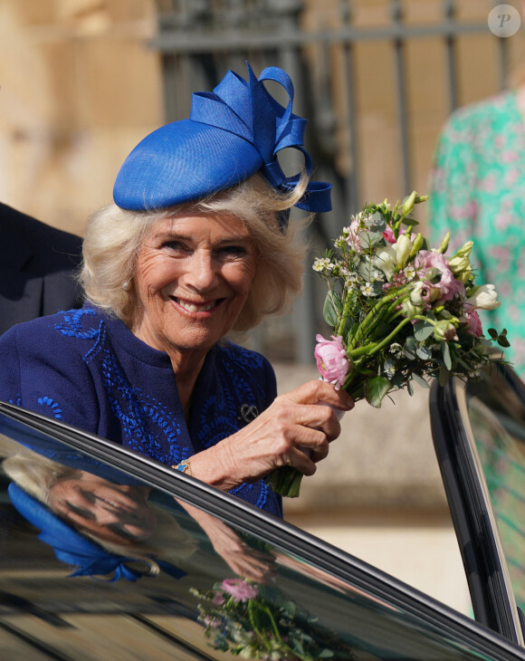 Camilla Parker Bowles, reine consort d'Angleterre - La famille royale du Royaume Uni arrive à la chapelle Saint George pour la messe de Pâques au château de Windsor le 9 avril 2023. 