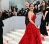 Vêtue d'une robe rouge ultra sexy, elle est apparue dans un bustier décolleté, laissant apparaître sa poitrine gonflée. Le haut de sa robe, réalisé en cuir et aux bretelles perlées, était mis en avant par la longue jupe en tulle cintrée à la taille.
Salma Hayek - Les célébrités arrivent à la soirée du "MET Gala 2023" à New York, le 1er mai 2023. 