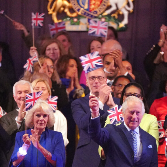 Camilla Parker Bowles, reine consort d'Angleterre, le roi Charles III d'Angleterre et Patricia Janet Scotland, baronne Scotland d'Ashtal au concert du couronnement du roi et de la reine dans l'enceinte du château de Windsor, Royaume Uni, le 7 mai 2023.