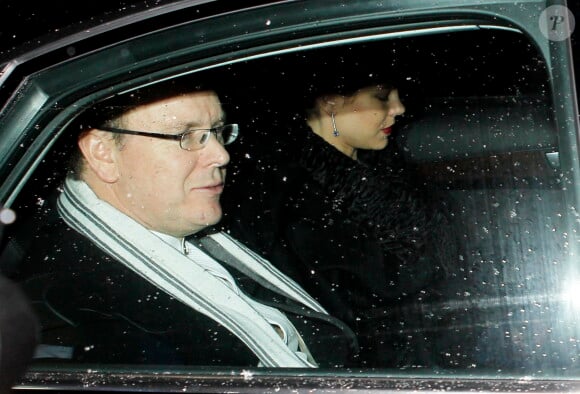 Le prince Albert II de Monaco et Charlotte Casiraghi - Arrivees des invites au mariage religieux de Andrea Casiraghi et Tatiana Santo Domingo en l'eglise de Rougemont, le 1er fevrier 2014. 