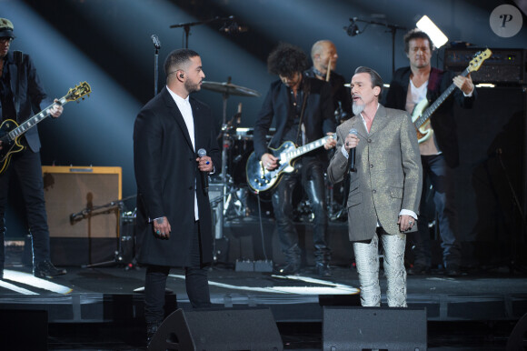 Slimane (Slimane Nebchi), Florent Pagny, Yarol Poupaud pendant l'hommage à Johnny Hallyday - 33ème Cérémonie des Victoires de la Musique à la Seine musicale de Boulogne-Billancourt, France, le 9 février 2018. © Coadic Guirec/Bestimage  33rd Victoires de la Musique, the annual French music awards ceremony, at the Seine Musicale concert hall in Boulogne-Billancourt, near Paris, France, on February 9, 2018. 