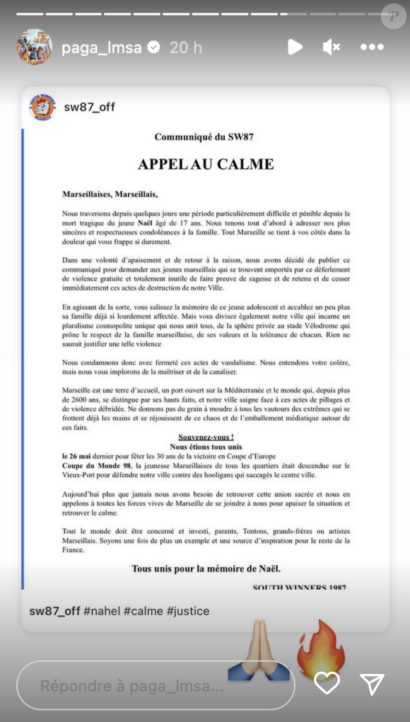 Paga contribue à appeler au calme suite aux violences recensées à Marseille. Instagram