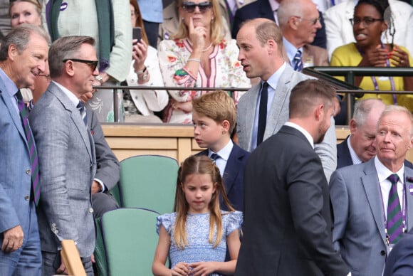 Le prince William, prince de Galles, et Catherine (Kate) Middleton, princesse de Galles, avec leurs enfants le prince George de Galles, et la princesse Charlotte de Galles, arrivent pour assister à la finale homme du tournoi de Wimbledon 2023 à Londres, le 16 juillet 2023.