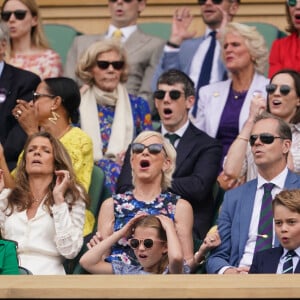 Le prince William, prince de Galles, et Catherine (Kate) Middleton, princesse de Galles, avec leurs enfants le prince George de Galles, et la princesse Charlotte de Galles, arrivent pour assister à la finale homme du tournoi de Wimbledon 2023 à Londres, le 16 juillet 2023.