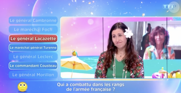 À la question de savoir qui avait "combattu dans les rangs de l'armée française", plusieurs réponses lui était proposée, dont celle du général Lacazette.
Une candidate dans "Les 12 Coups de midi", TF1