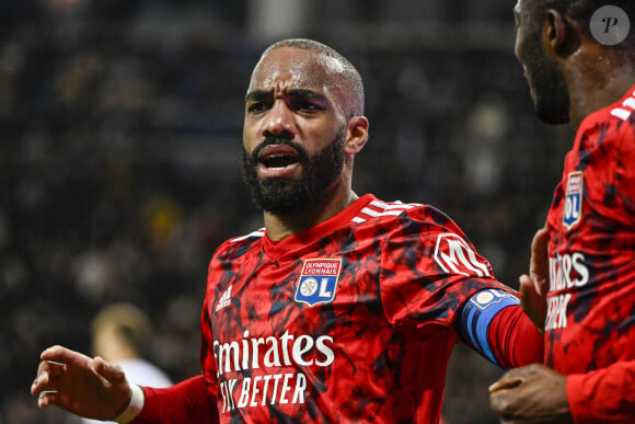 But et joie Alexandre Lacazette (ol) lors du match de championnat de Ligue 1 Uber Eats opposant le Toulouse FC (TFC) à l'Olympique Lyonnais (OL) au Stadium TFC à Toulouse, France, le 14 avril 2023. L'OL a gagné 2-1. © Thierry Breton/Panoramic/Bestimage