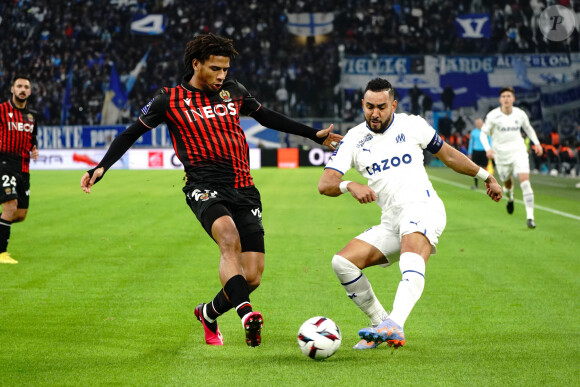 Dimitri Payet (Olympique de Marseille) - Jean Clair Todibo (OGC Nice) lors du match de Ligue 1 Uber Eats "Marseille - Nice (1-3)" au stade Vélodrome, le 5 février 2023. 