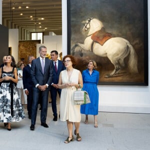 Le roi Felipe VI, la reine Letizia et le président Pedro Sanchez assistent à l'inauguration des Collections de la Galerie Royale, au Palais Royal, Madrid. 25 juillet 2023.