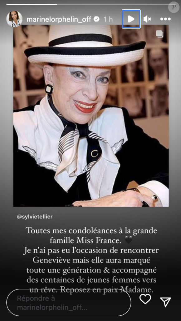 La patronne inoubliable des Miss France a notamment été célébrée par ses reines de beauté.
Marine Lorphelin rend hommage à Geneviève de Fontenay après l'annonce de sa mort. Instagram