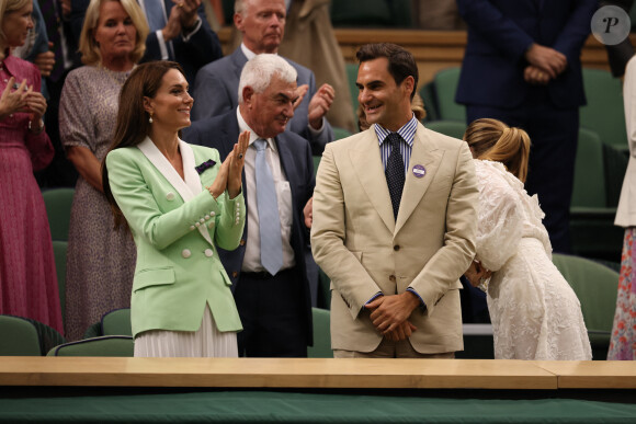 Catherine (Kate) Middleton, princesse de Galles, Roger Federer et sa femme Mirka dans les tribunes lors du tournoi de Wimbledon 2023 au All England Lawn Tennis and Croquet Club de Londres, Royaume Uni, le 4 juillet 2023.