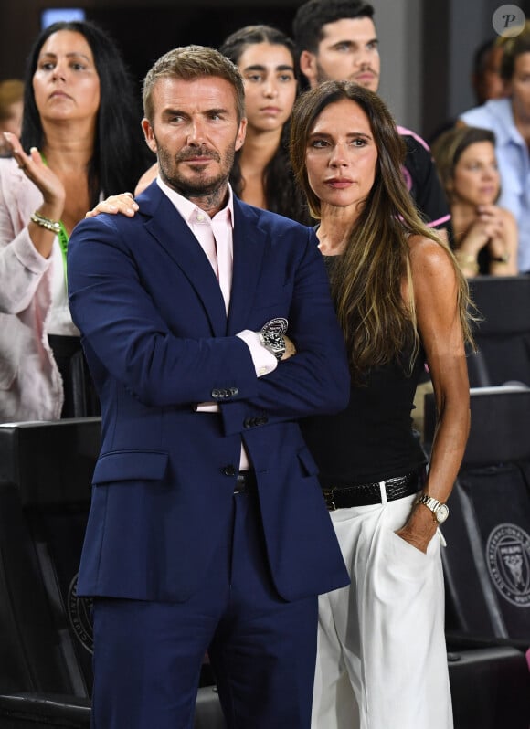 David Beckham, Victoria Beckham - L.Messi marque deux buts lors du match entre Miami et Orlando (3 - 1) à Fort Lauderdale, le 2 août 2023, sous le regard de sa femme, A.Roccuzzo, du patron de son club, D.Beckham et sa femme, V.Beckham, M.Anthony, entre autres personnalités. 