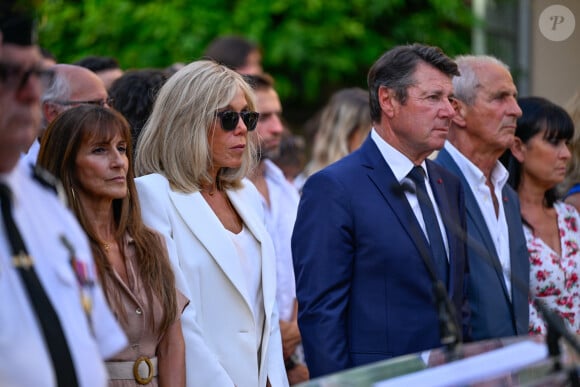 Christian Estrosi, maire de Nice - Le président Emmanuel Macron et sa femme Brigitte assistent à la cérémonie du 79ème anniversaire de la libération de la ville de Bormes-les-Mimosas le 17 août 2023. © Philippe Magoni / Pool / Bestimage 