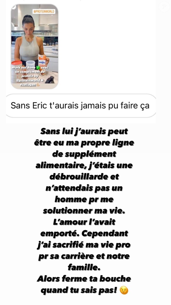 "Sans lui, j'aurais peut-être eu ma propre ligne de supplément alimentaire, j'étais une débrouillarde", indique l'ex-femme d'Éric Abidal
Message d'Hayet Abidal sur Instagram
