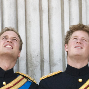 Il n'a jamais pu en parler avec eux, explique-t-il.
Le prince William et le prince Harry regardent le défilé aérien depuis le balcon du palais de Buckingham pendant Trooping the Colour le jour de l'anniversaire de la reine 2008, à Londres, Royaume Uni, le 10 juin 2008. 