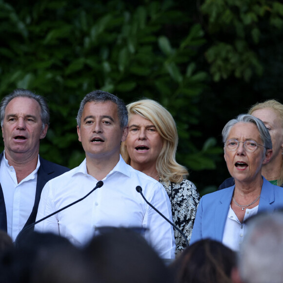 Olivier Dussopt, Ministre du Travail, du Plein emploi et de l'Insertion, Renaud Muselier, Président du conseil régional de Provence-Alpes-Côte d'Azur, Gérald Darmanin, ministre de l’Intérieur et Elisabeth Borne, Première Ministre, Agnès Pannier-Runacher, Ministre de la Transition énergétique - Gérald Darmanin fait sa rentrée politique à Tourcoing en présence de nombreux ministres et élus le 27 août 2023. © Dominique Jacovides / Bestimage  