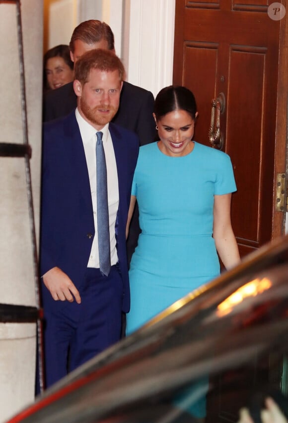 Le prince Harry, duc de Sussex, et Meghan Markle, duchesse de Sussex à la sortie de la cérémonie des Endeavour Fund Awards au Mansion House à Londres, Royaume Uni, le 5 mars 2020. 