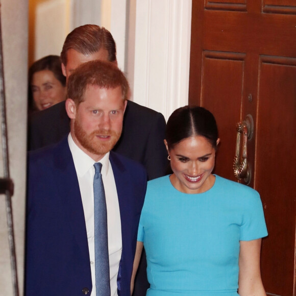 Le prince Harry, duc de Sussex, et Meghan Markle, duchesse de Sussex à la sortie de la cérémonie des Endeavour Fund Awards au Mansion House à Londres, Royaume Uni, le 5 mars 2020. 