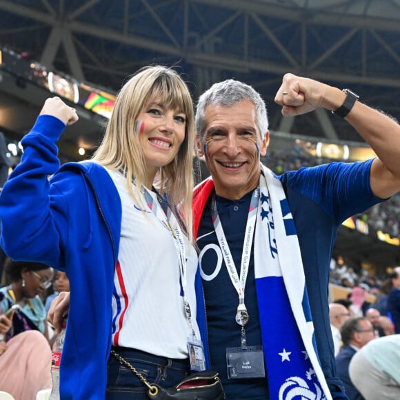 Nagui et sa femme Mélanie Page dans les tribunes du match "France - Argentine en finale de la Coupe du Monde 2022 au Qatar, le 18 décembre 2022. © Philippe Perusseau / Bestimage 