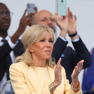 La Première Dame Brigitte Macron - Tribune lors de la cérémonie du 143ème défilé militaire du 14 juillet, jour de la Fête Nationale à Paris, France, le 14 juillet 2023. © Dominique Jacovides/Bestimage