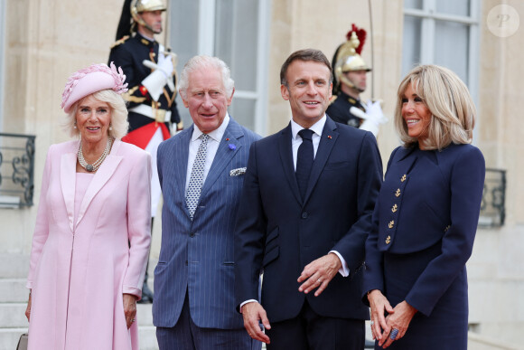 Camilla Parker Bowles, reine consort d'Angleterre, Le roi Charles III d'Angleterre, le président de la République française Emmanuel Macron et la première dame, Brigitte Macron - Le roi et la reine d'Angleterre reçus au palais de l'Elysée à Paris par E.Macron et sa femme, à l'occasion de leur visite officielle de 3 jours en France. Le 20 septembre 2023 © Moreau-Jacovides / Bestimage 