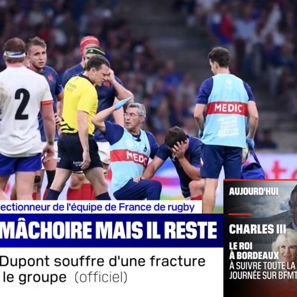 Images chocs et nouvelles d'Antoine Dupont après sa blessure contre la Namibie, "BFMTV".