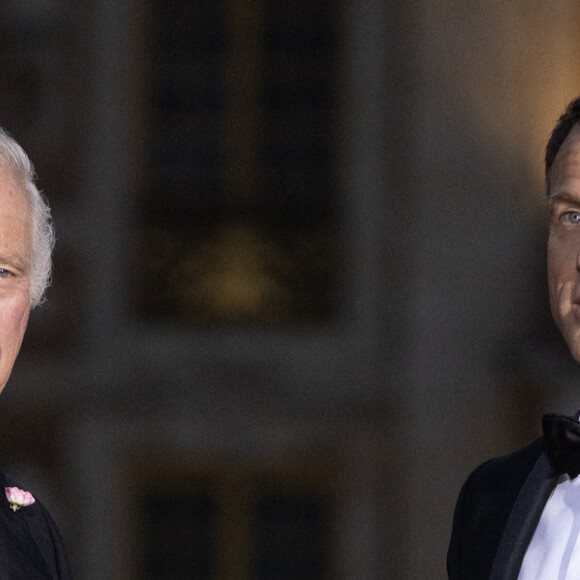 Le roi Charles III d'Angleterre, et le président français Emmanuel Macron - Dîner d'Etat au château de Versailles en l'honneur de la visite officielle du roi et de la reine d'Angleterre en France (20 - 22 septembre 2023), le 20 septembre 2023. 150 invités triés sur le volet ont été conviés à cette occasion. © Jacovides-Moreau / Bestimage 