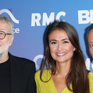 Laurent Ruquier, Julie Hammett et Marc-Olivier Fogiel lors de la conférence de presse de rentrée BFM TV. - RMC du groupe Altice France à Paris, France, le 31 août 2023. © Coadic Guirec/Bestimage