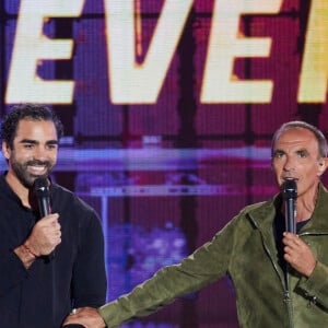 Exclusif - Isabelle Ithurburu, Nikos Aliagas, Yoann Huget - Enregistrement de l'émission "Tous avec les bleus, le concert événement", diffusée en direct sur TF1 le 12 octobre 2023. © Cyril Moreau-Veeren / Bestimage