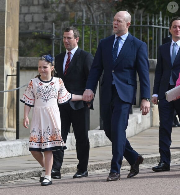 Mike Tindall et sa fille Mia - La famille royale du Royaume Uni arrive à la chapelle Saint George pour la messe de Pâques au château de Windsor le 9 avril 2023. 
