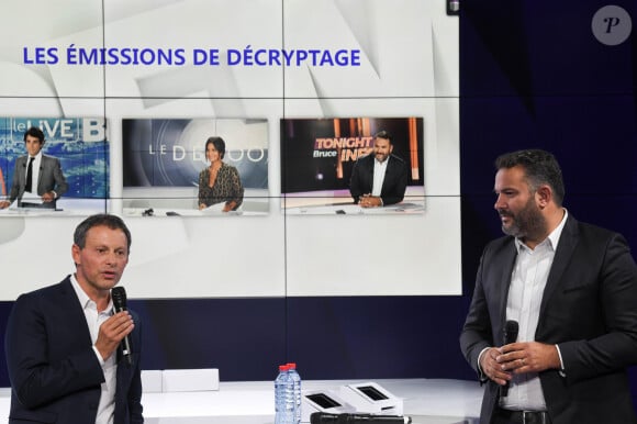 Marc-Olivier Fogiel, PDG de BFM.TV, Bruce Toussaint - Conférence de presse de rentrée de BFM.TV à Paris le 5 septembre 2019.