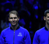 Roger Federer dispute son dernier match de tennis en double avec Rafael Nadal et Novak Djokovic de l'équipe Europe lors de la Laver Cup à O2 Arena à Londres, Royaume Uni, le 23 septembre 2022. © Antoine Couvercelle/Panoramic/Bestimage
