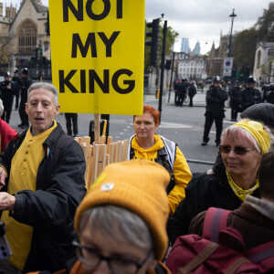 Des manifestants brandissent des panneaux "Not my King" après l'ouverture officielle du Parlement à Londres le 7 novembre 2023.
