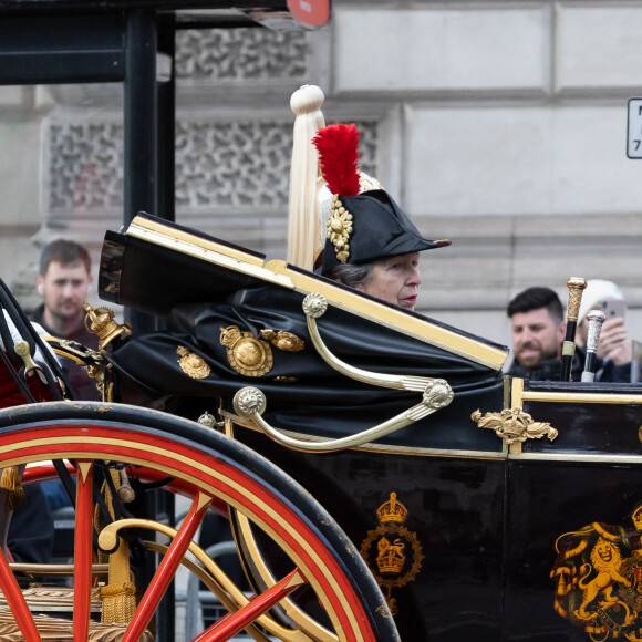 Des manifestants brandissent des panneaux "Not my King" après l'ouverture officielle du Parlement à Londres le 7 novembre 2023.  7 November 2023. Princess Anne travels along Whitehall in a carriage after the the State Opening of Parliament in London, UK on 7th November 2023. King Charles III attended his first state opening of parliament and read out the first King’s Speech in over 70 years. Pictured: Princess Anne Credit: TS/GoffPhotos.com Ref: KGC-254 