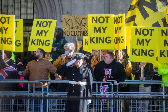 Manifestation d'opposants à la monarchie en marge du Premier "discours du trône" du roi Charles III d'Angleterre devant la chambre des Lords à Londres, le 7 novembre 2023.