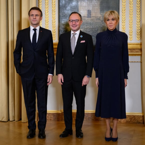 Emmanuel Macron, président de la République et sa femme Brigitte avec Xavier Espot Zamora, Chef du Gouvernement de la Principauté d'Andorre, lors du dîner des chefs d'état à l'occasion du 6eme Forum de Paris sur la paix le 9 novembre 2023. © Eric Tschaen / Pool / Bestimage