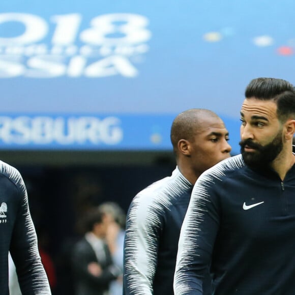 Presnel Kimpembe et Adil Rami - Entraînement de l'équipe de France de football à la veille de sa demi-finale contre la Belgique à l'occasion de la coupe du monde 2018 en Russie le 9 juillet 2018