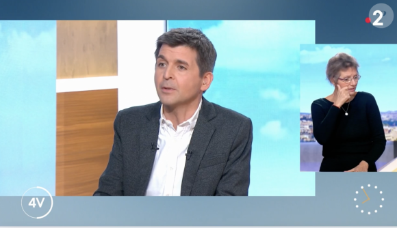 Thomas Sotto recadré par son invité, Jordan Bardella, dans "Télématin" sur France 2