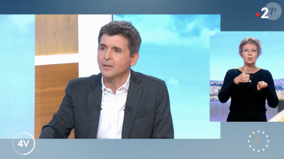 Thomas Sotto recadré par son invité, Jordan Bardella, dans "Télématin" sur France 2