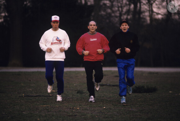 Archives - En France, René Metge faisant son jogging en compagnie de Jean-Michel Schoeler et Jean-Claude Bouttier. Février 1990. © Michel Marizy via Bestimage