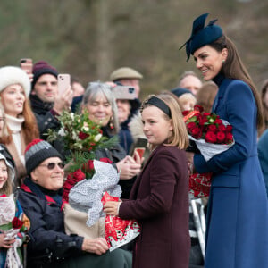 Catherine (Kate) Middleton, princesse de Galles, la princesse Charlotte de Galles, Mia Tindall - Les membres de la famille royale britannique lors de la messe du matin de Noël en l'église St-Mary Magdalene à Sandringham, le 25 décembre 2023. 