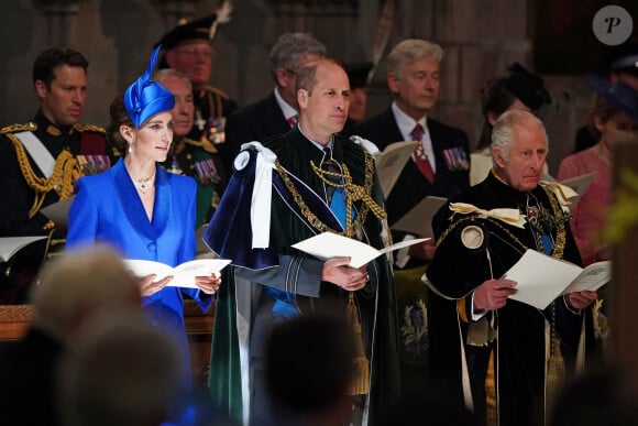 Kate Middleton, le prince William et le roi Charles III à la cathédrale Saint-Gilles d'Édimbourg. Le 5 juillet 2023.