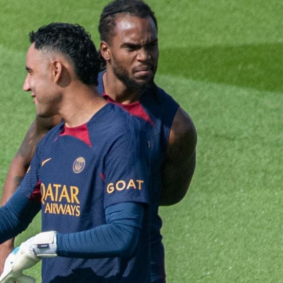 Neymar Jr (Paris SG) Keylor Navas (Paris SG) - Entraînement des joueurs du Paris Saint-Germain à Poissy le 20 juillet 2023.