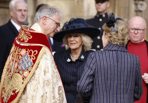La reine Consort Camilla - Arrivées à la messe en hommage au roi Constantin II à la chapelle Saint George à Windsor le 27 février 2024. 