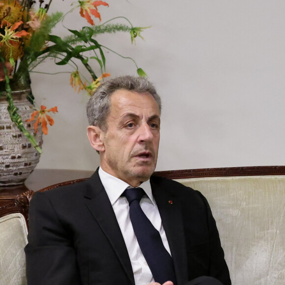 Exclusif - Nicolas Sarkozy et Alassane Ouattara, Président de la Côte d'Ivoire - Dîner de gala organisé par la Fondation "Children of Africa" à l'initiative de Madame D.Ouattara, Première Dame de Côte d'Ivoire et Présidente fondatrice de "Children of Africa" au Sofitel Ivoire à Abidjan. Le 1er Mars 2024 © Dominique Jacovides / Bestimage