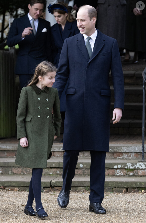 Le prince William, prince de Galles, la princesse Charlotte de Galles - Les membres de la famille royale britannique lors de la messe du matin de Noël en l'église St-Mary Magdalene à Sandringham, le 25 décembre 2023.