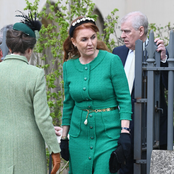 La princesse Anne, le prince Andrew, duc d'York, Sarah Ferguson, duchesse d'York - Les membres de la famille royale britannique arrivent à la chapelle Saint-George pour assister à la messe de Pâques. Windsor, le 31 mars 2024. 