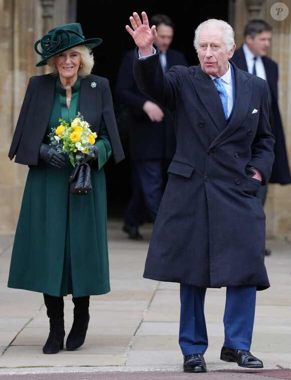 Le roi Charles III d'Angleterre et Camilla Parker Bowles, reine consort d'Angleterre - Les membres de la famille royale britannique arrivent à la chapelle Saint-George pour assister à la messe de Pâques. Windsor, le 31 mars 2024.